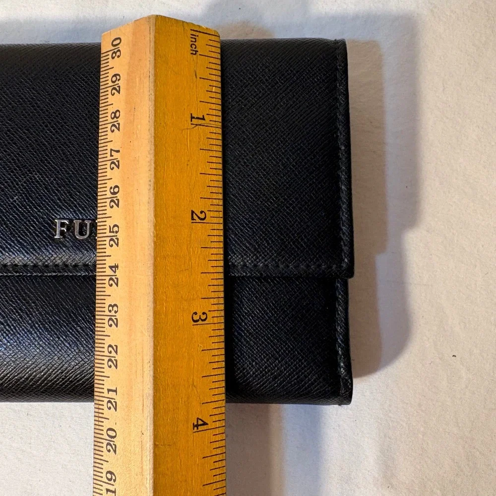 Furla Black Textured Leather Tri Fold Wallet Coin Pocket Card Slots Snap Closure